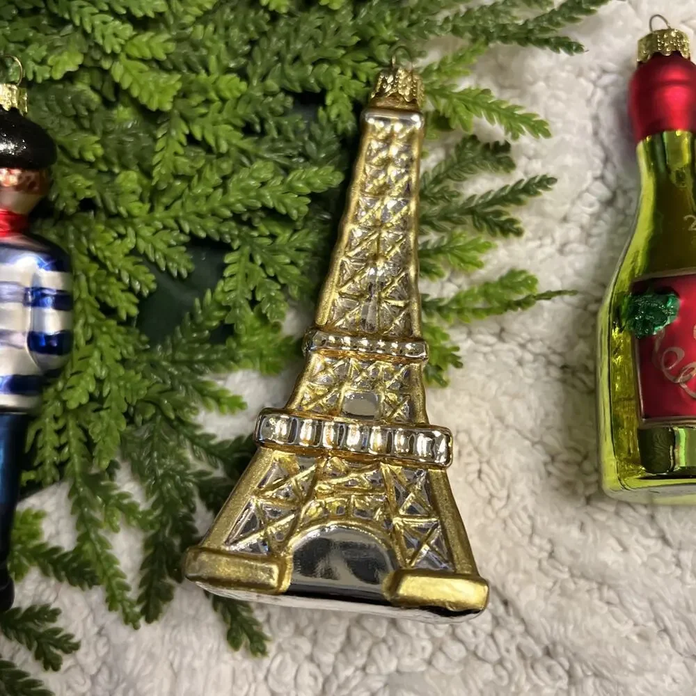 World Market Glass Christmas Ornaments Paris France Eiffel Tower Champagne Art